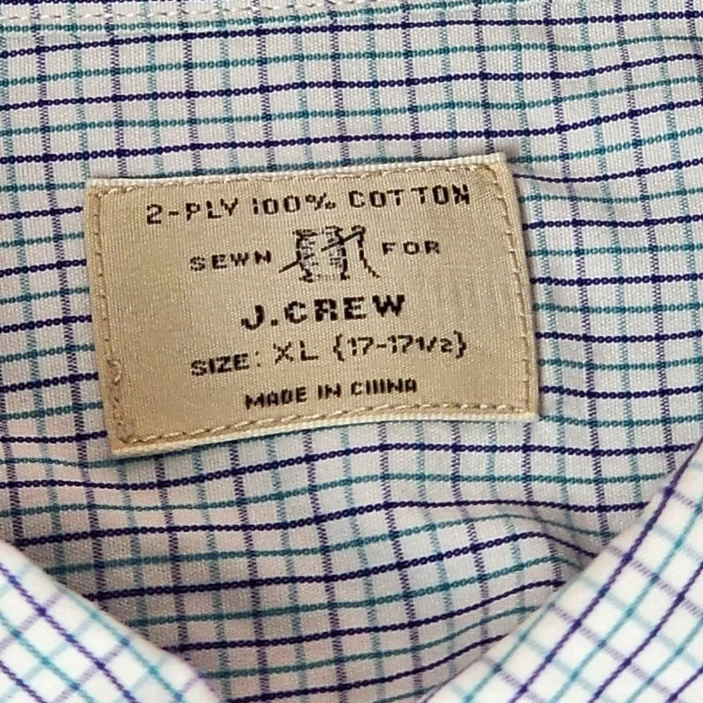 J CREW Shirt Mens XL 17-17.5 2-Ply‎ Cotton Button Down L/S Purple Green Check